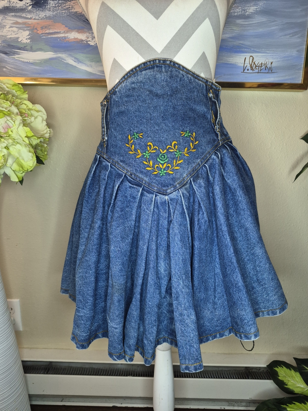 Vintage Parachute Blue Denim Circle Skirt with Yellow & Green Embroidery